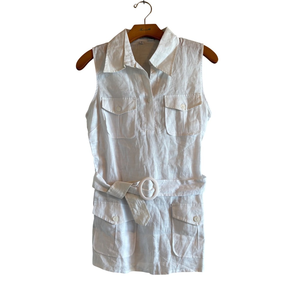 Exclusive by Sherry Taylor White Linen Utility‎ Top Belted Sleeveless Small